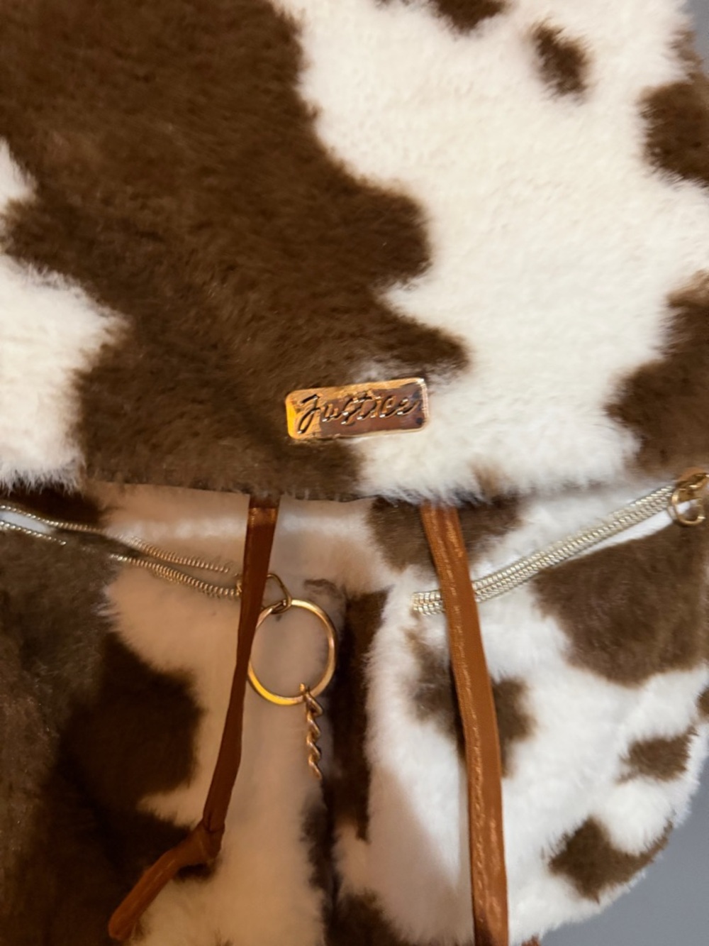 Justice Girls Faux Fur Cow Print Backpack Brown And White Sherpa Adjustable Stap - Picture 3 of 9
